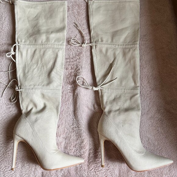 Fashion Nova Taupe Thigh-High Heeled Boots | Size 6 | Brand New w/ Box - Picture 3 of 7